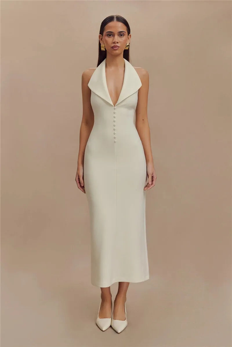 Mozision Halter Deep V Neck Sleeveless Sexy Maxi Dress For Women Elegant Backless Bodycon Tank Dress Femme Fashion Long Dress
