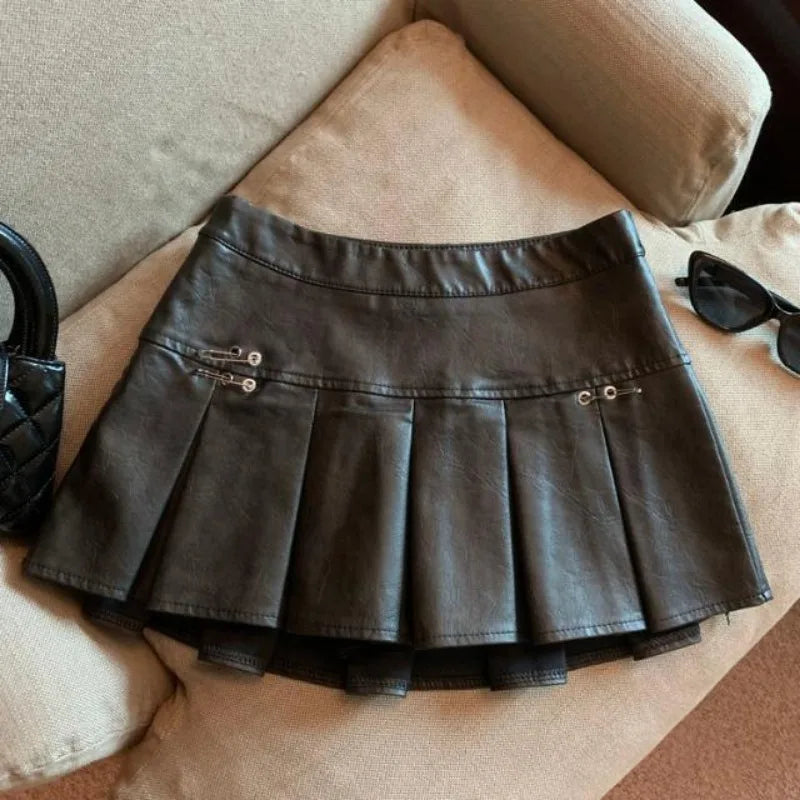 American PU Leather Pleated Skirt Women Slim High-waisted Design Mini Skirt Red Black