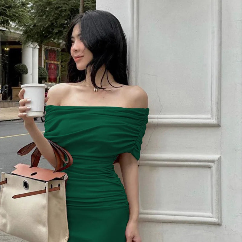 Spring European and American One Shoulder Pleated Dress Slim Fit and Slim Slim Slim Split Bottom Dress Long Dres