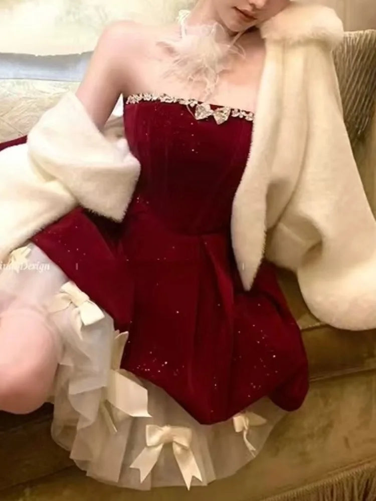 Fashion New Women Vintage Velvet Party Dress Sleeveless Elegant Mesh Patchwork Christmas Short Dress Female Clothes Vestidos