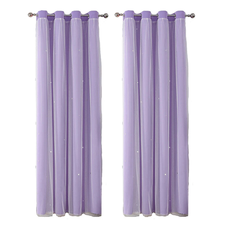 1Pc/2Pcs Girls Double Layer Hollow Out Stars Curtains Princess Romantic Bedroom Decor