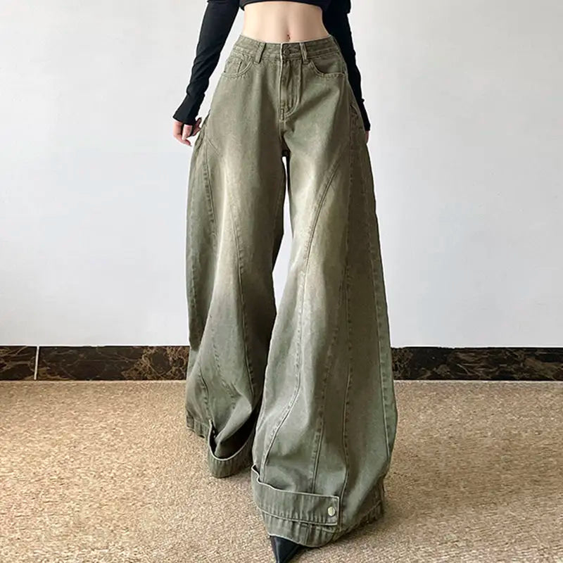 Retro Fashion Old-segmented Denim Cargo Pants Low Waist Loose American Street Harajuku Casual Jeans Women Unisex Wide-leg Pants