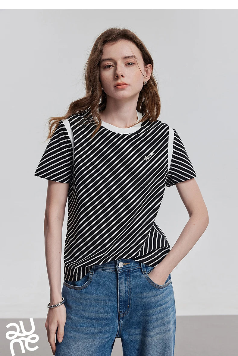 TOYOUTH Women Short Sleeve Striped T shirt 2025 Spring New Tops 8521021