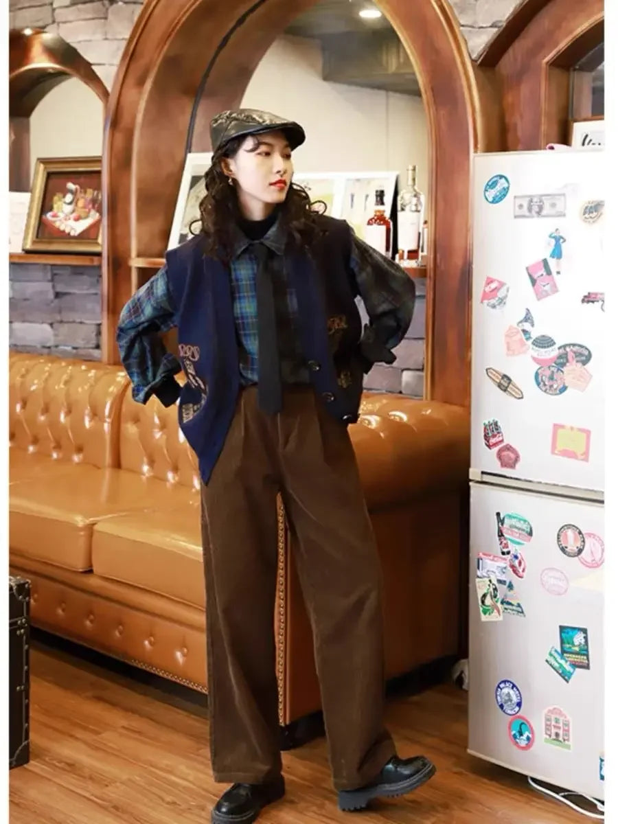 Vintage High Waist Corduroy Pants Women Spring Fall Straight Causal Full Length Trousers Korean Fashion Baggy All Match Pant New