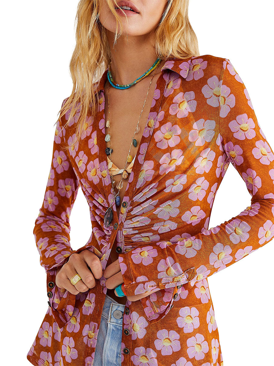 Y2k Women Retro Floral Print Shirts V Neck Long Sleeve Ruched Blouses Button Down Slim Fit Crop Tops Fairy Grunge Streetwear