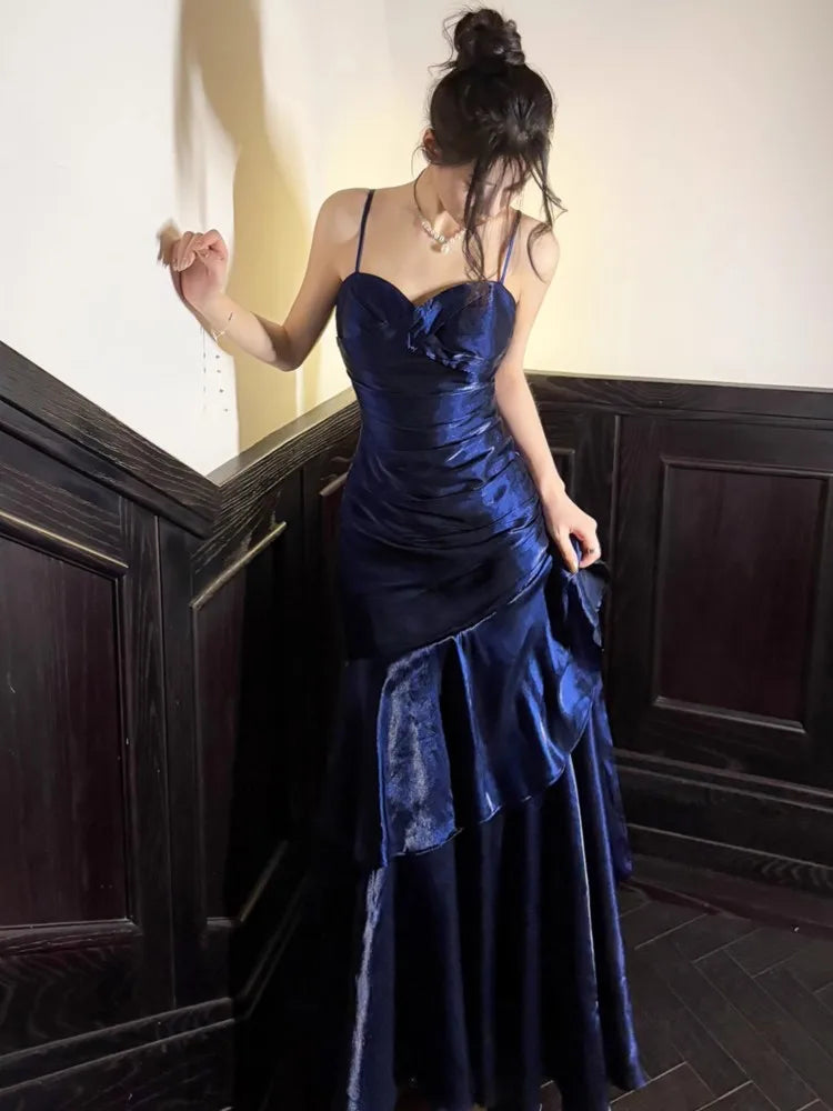 Elegant Romantic Party Women's Spaghetti Strap Dress Female Blue Ruffles Slim Fit Mermaid Dresses Chic Banquet Formal Gown
