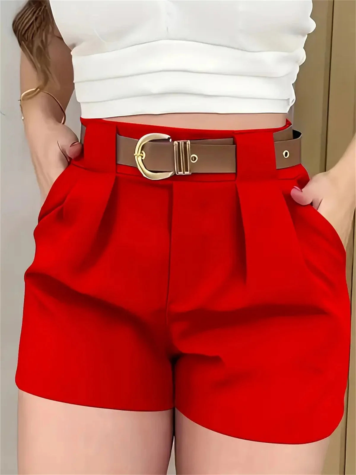 Women Fashion High Waist Shorts Summer Solid Color Pocket Belt Short Pant Elegant Office Lady Clothes Female Casual Street Pants