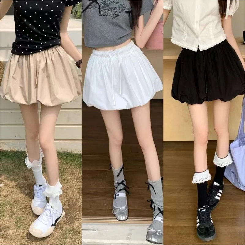 「MD」Retro Puffy Skirt Dstring Bloomer High Waist Slimming Elastic Waist f-length ort Skirt Sweet Sle Polyester Fiber