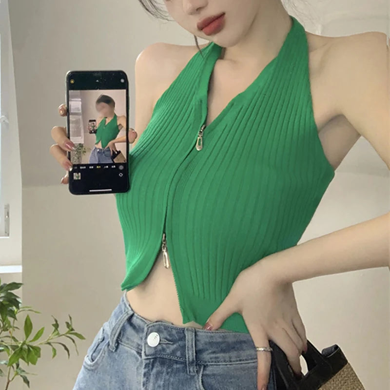 V-neck Camis Women Hotsweet Sexy Halter Crop Tops Zipper Streetwear Pure Sleeveless Chic