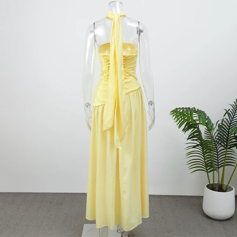 Butter Yellow Scarf Neck Split Long Dress Women Elegant Strapless Slim Fit High Waist Vestidos 2025 Lady Evening Party Gowns New