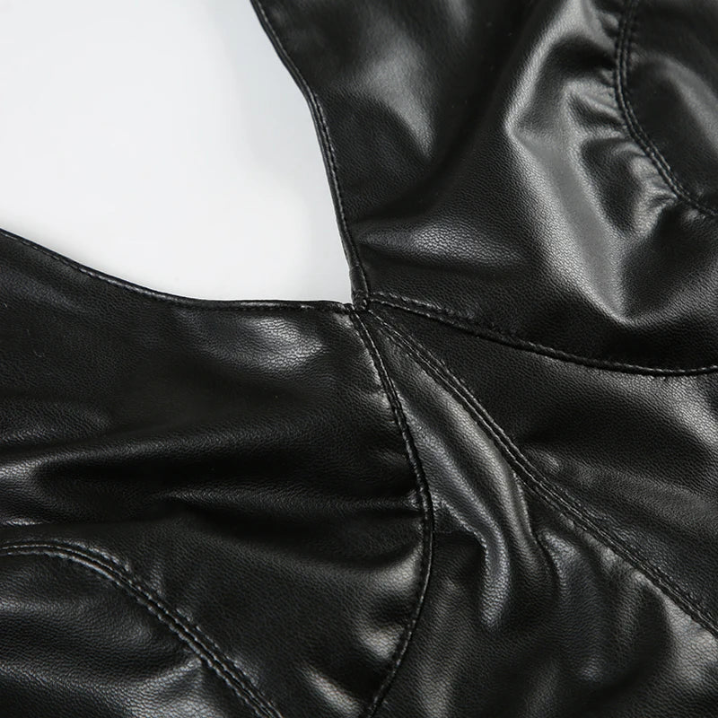 Hot Sexy Gyaru Slim Fit Leather Short Tops Women Halter Up Turn Down Collar Fashion Trendy Backless Design Tanks