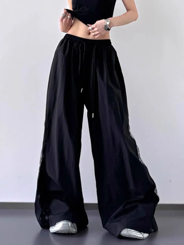 Jmprs Lace Patchwork Wide Leg Pants Women Oversize Streetwear High Waist Vintage Trousers Korean Casual Summer Sweet Retro Pants