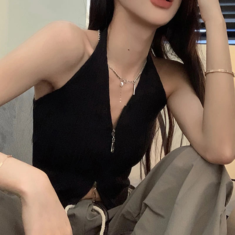 V-neck Camis Women Hotsweet Sexy Halter Crop Tops Zipper Streetwear Pure Sleeveless Chic