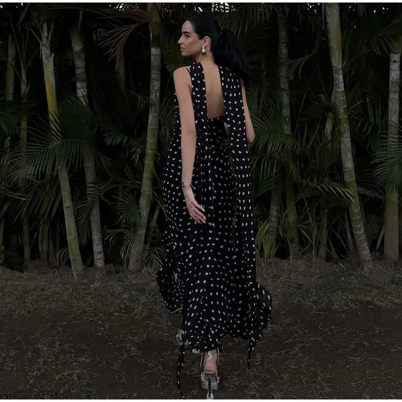 Retro Polk Dot Long Dress With Ribbon Women Sexy Low Cut Sleeveless Pleated Slim Evening Dresses Female Spring Chic Street Party
