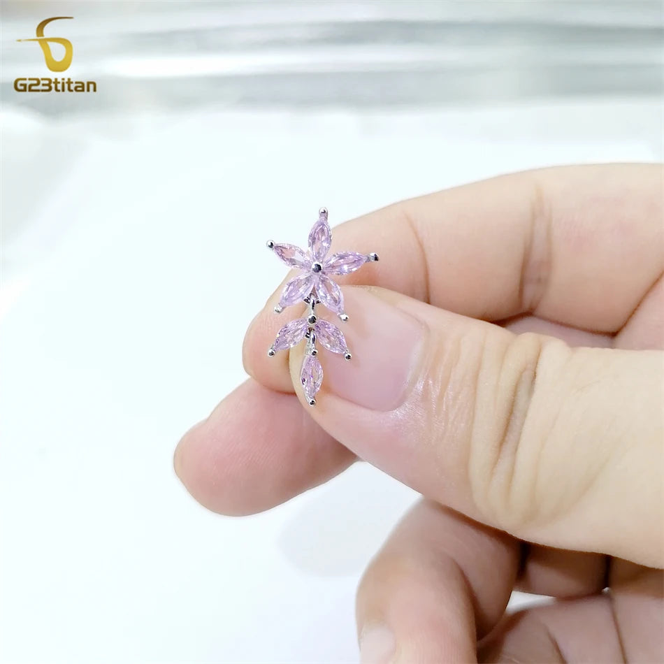 G23titan Pink Zircon Flower Belly Button Ring for Women 14G 6-16mm Titanium Curved Barbell Reverse Nave Bar Crystal Body Jewelry