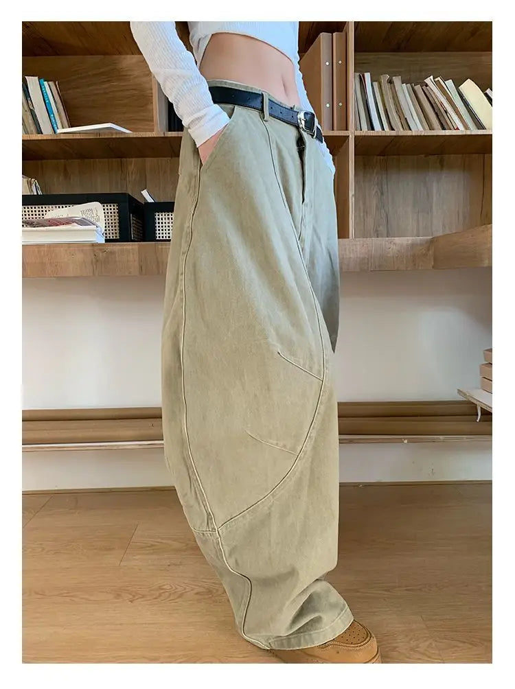 HOUZHOU Y2K Vintage Wash Women Cargo Jeans Harajuku Scimitar Wide Leg American Retro Denim Pants Baggy Trousers Gyaru Streetwear