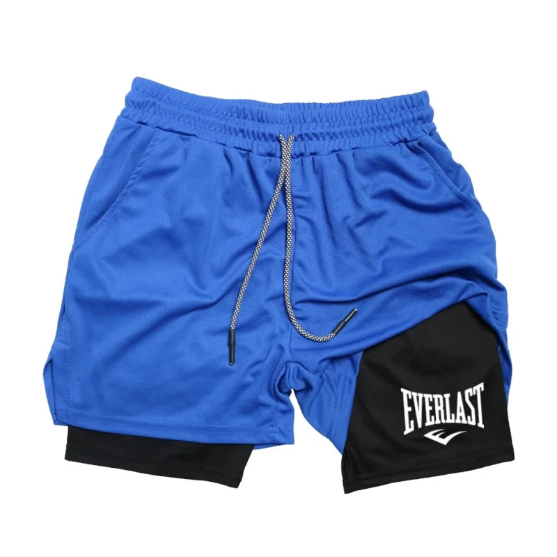 Men's compression gym shorts, EVERLAST printed sports pants, double layered, quick drying, basketball, beach, muscle, fitness