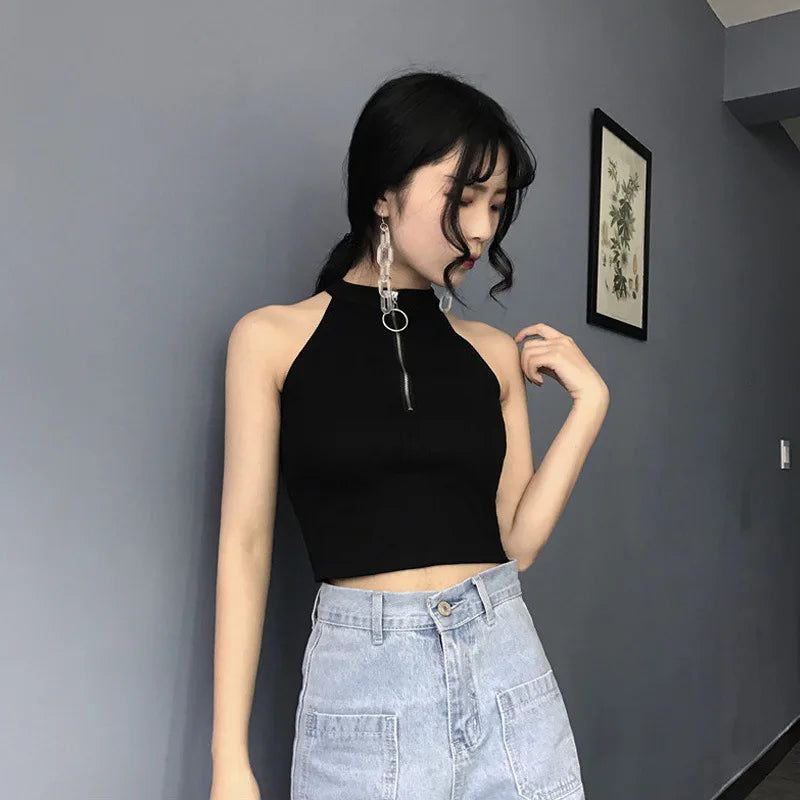 Retro Zipper Crop Tops Women Short Knitted Camisole Sleeveless Leisure Tank Top Camis Summer 2022 New