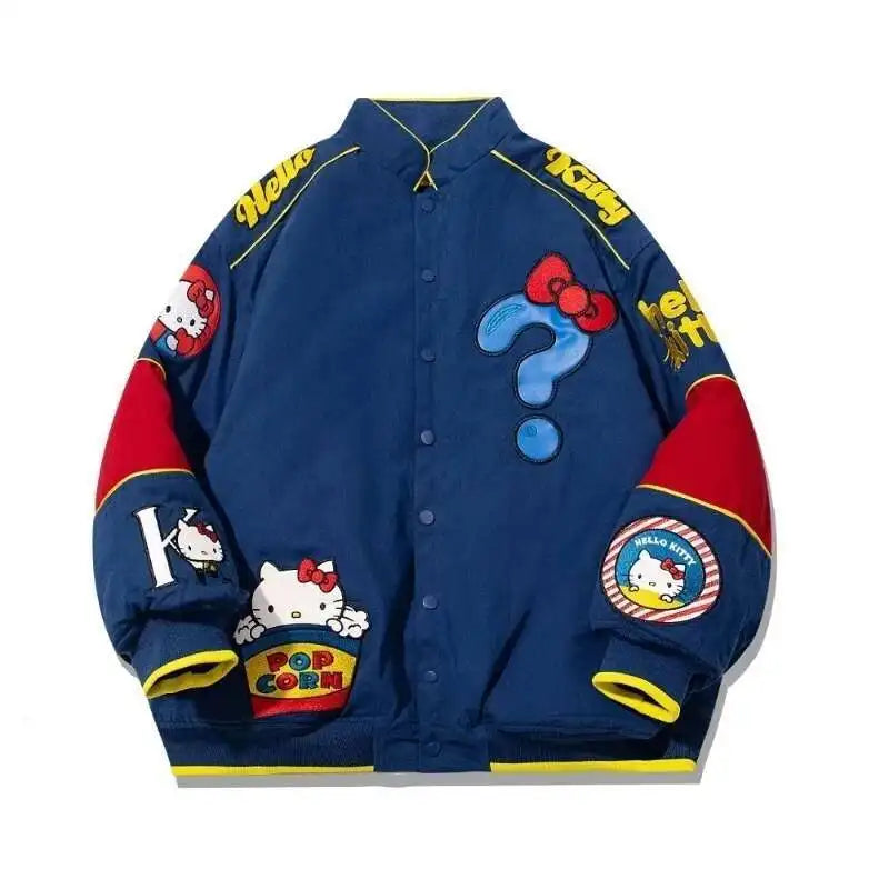Cartoon Hellokitty Y2k Baseball Jacket Button American Retro Coats Embroidery KT Cat Harajuku Jacket Women Oversized Coat