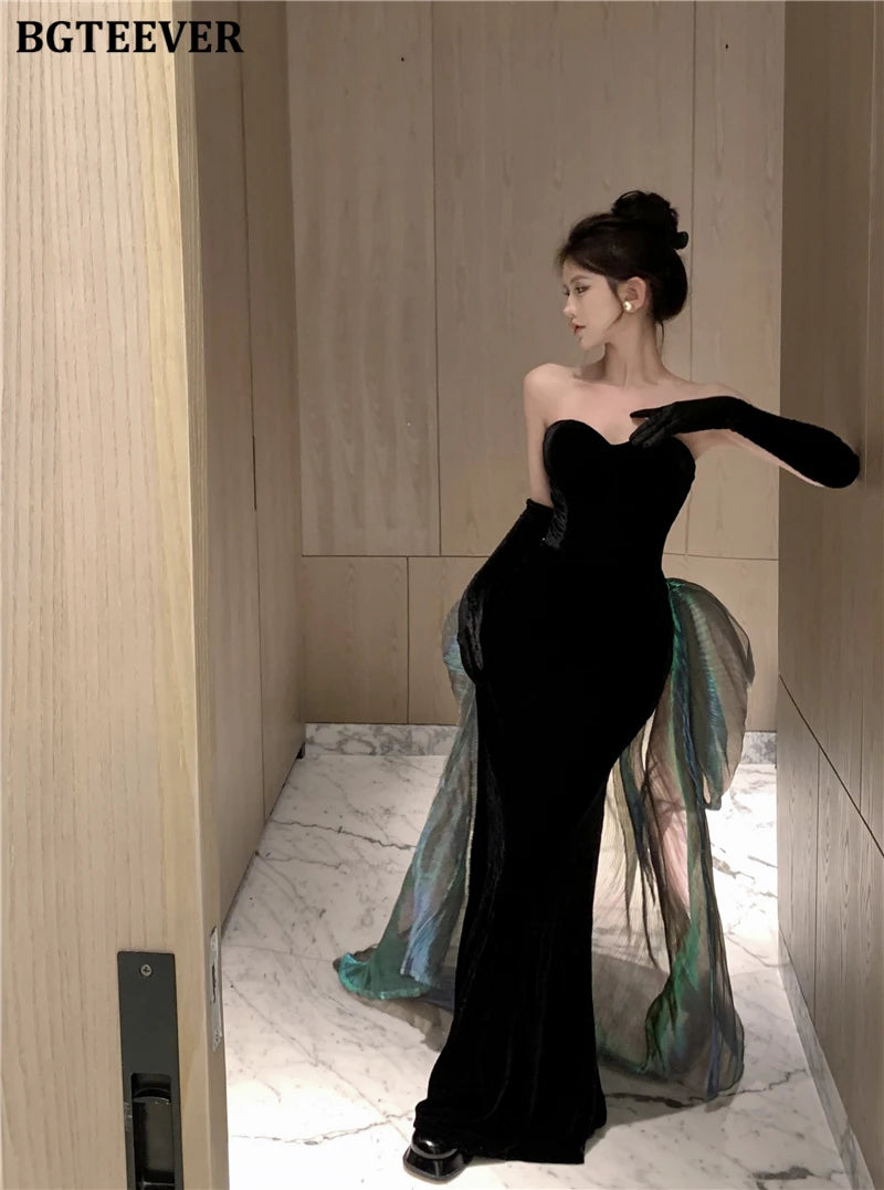 BGTEEVER Fashion Spring Ladies Sleeveless Party Velvet Dress Elegant Slim Waist Women Floor-Length Package Hip Strapless Dress