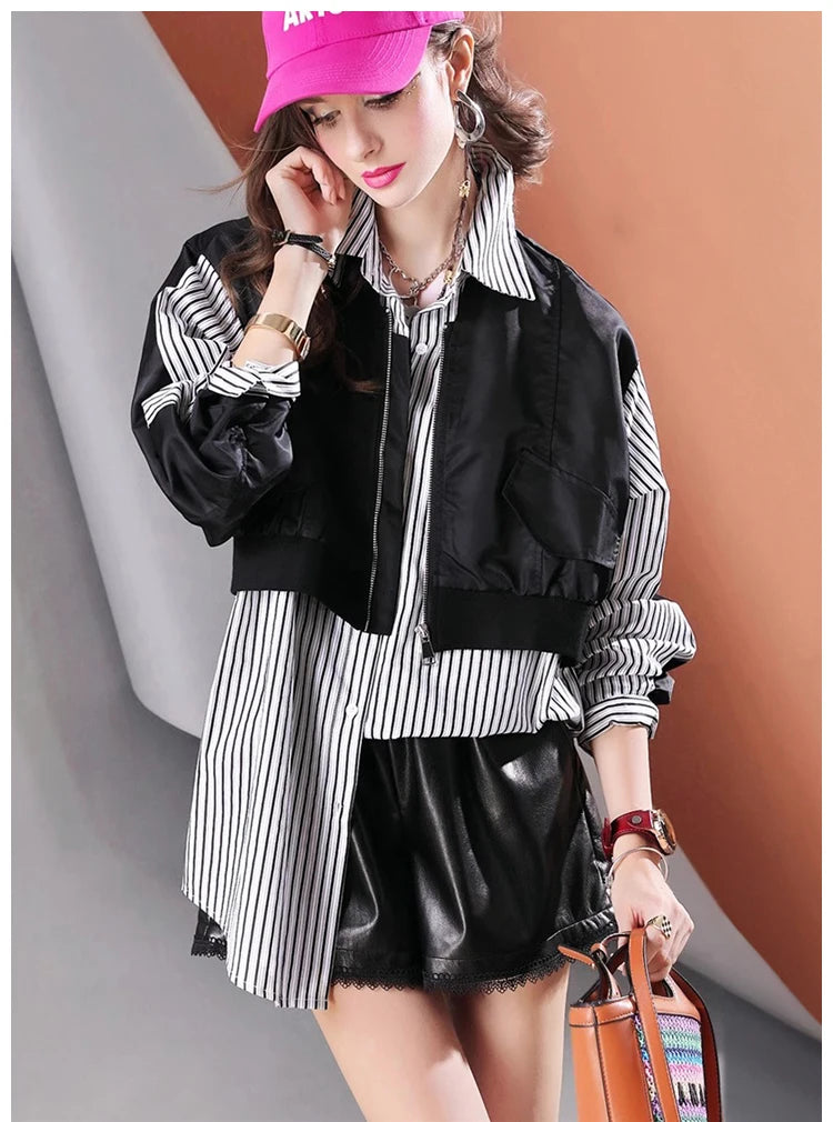 High Quality Loose Fake Two Piece Mid-Length Women's Casual Striped Shirt