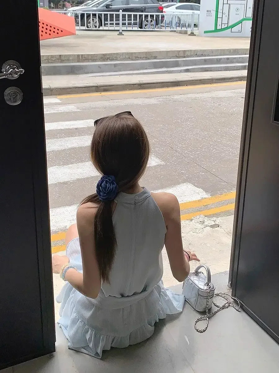 French Style Off-Shoulder Blue Summer Dress Women's Fashion Knot Waist A- Line Mini Skirt Black Short Skirt Sleeveless Gown