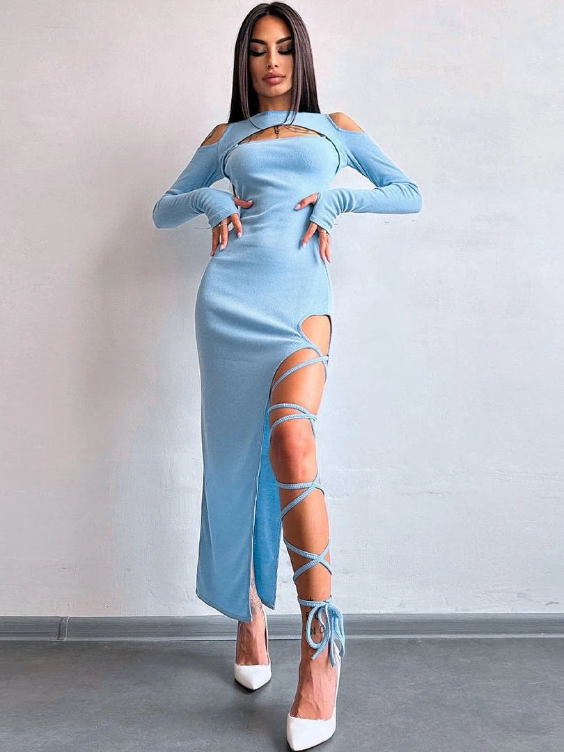 Hugcitar Long Sleeve Solid Hollow Out Slit Lace Up Elegant Sexy Bodycon Maxi Prom Dress 2023 Fall Women Birthday Party Outfit "