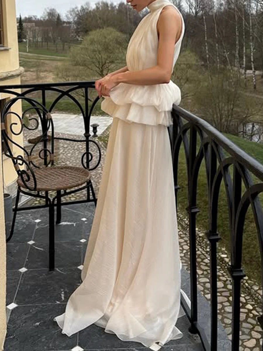 TWOTWINSTYLE Solid Slimming Long Dresses For Women O Neck Sleeveless High Waist Temperament Dress Female Fashion Style Clothes