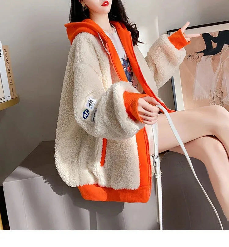 Imitation Lamb Wool Zipper Coat Woman Hoodies Y2k Clothes Sweatshirt Streetwear Korean Fashion Autumn Winter Jacket New Loose
