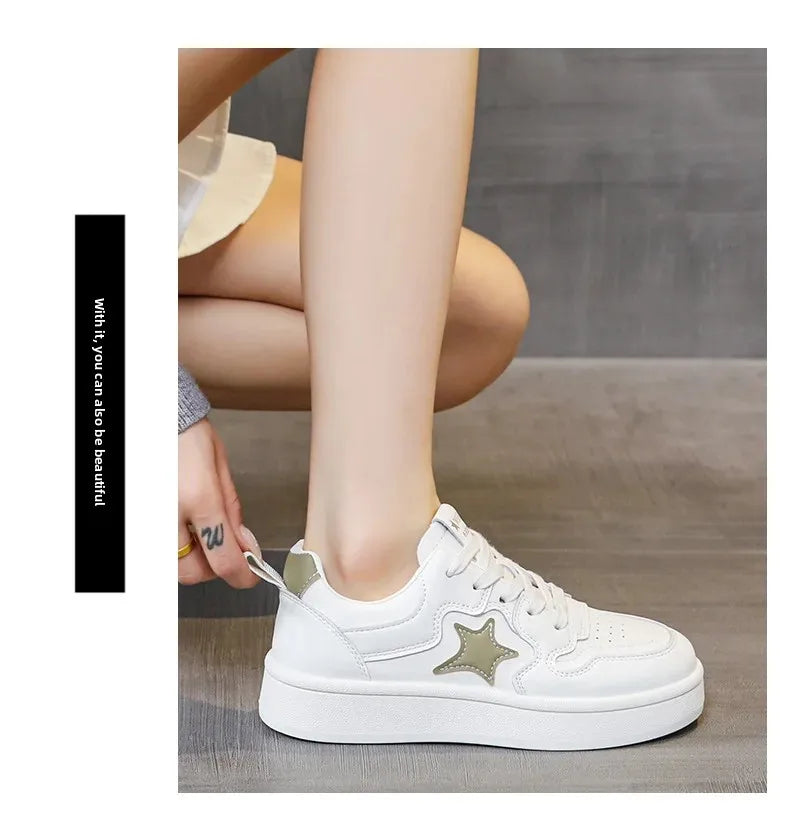 Women's Star Design Thick Bottom Sneakers Soft Sole Student Low Top Shoes Breathable Polyurethane Upgraded Spring 2025