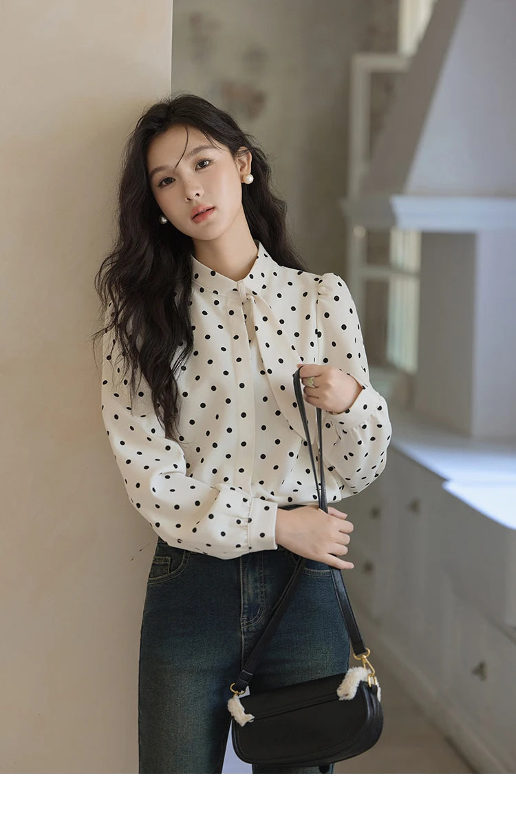 MISHOW Wave Point Long Sleeve Brushed Blouse Rabbit Ear Collar 2024 Winter Women Clothes Temperament Thickened Shirts MXD56X1697