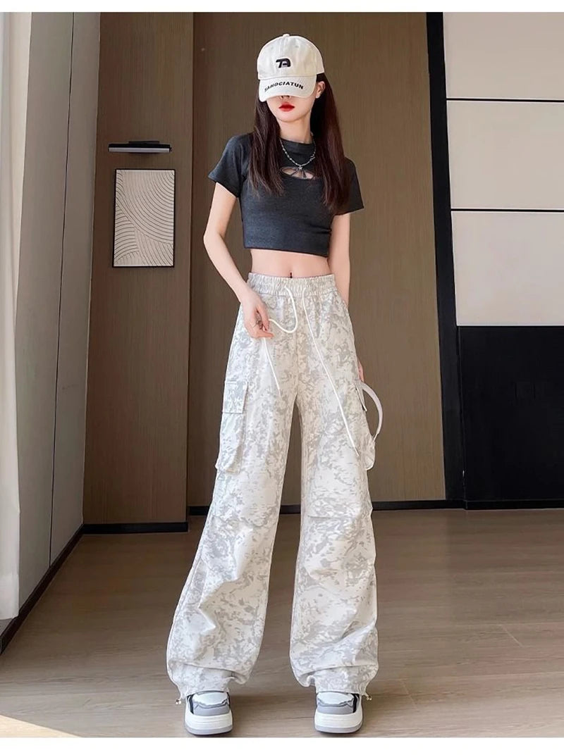 Zoki Tie Dye Streetwear Cargo Pant Women Vintage Loose High Waist Y2K Trousers Harajuku American Casual Summer Bf Wide Leg Pants