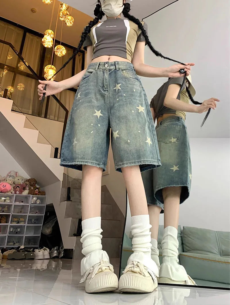 American Style Vintage Women's Short Jeans High Waisted Washed Wide Leg Denim Pants Woman Fashion Do Old Star Knee Length Shorts