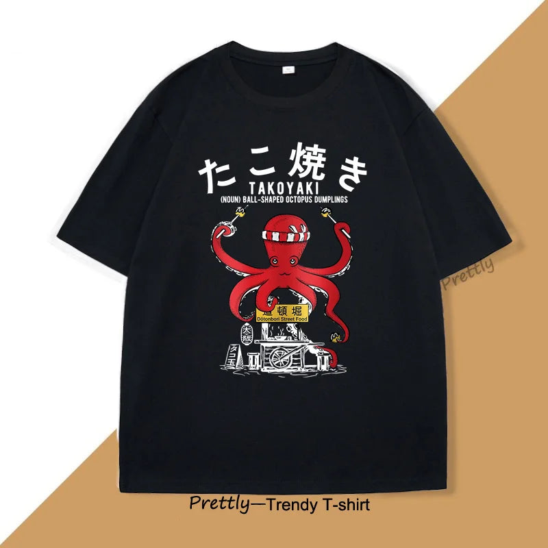 Japanese Takoyaki T-Shirt Octopus Balls Tshirt Street Food Lover Graphic T Shirts Anime Cotton Loose Top Oversized Clothes Top