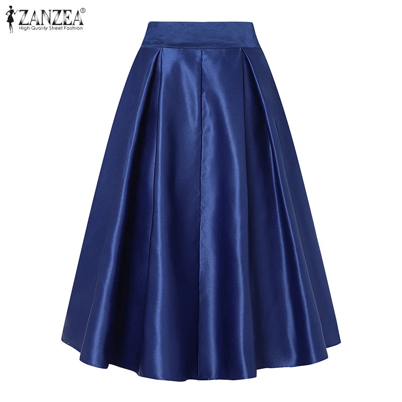 ZANZEA Vintage Solid Color Skirt Women Pleating Swing Jupe Party High Waisted Faldas Casual Loose Satin Silk A-line Overskirts