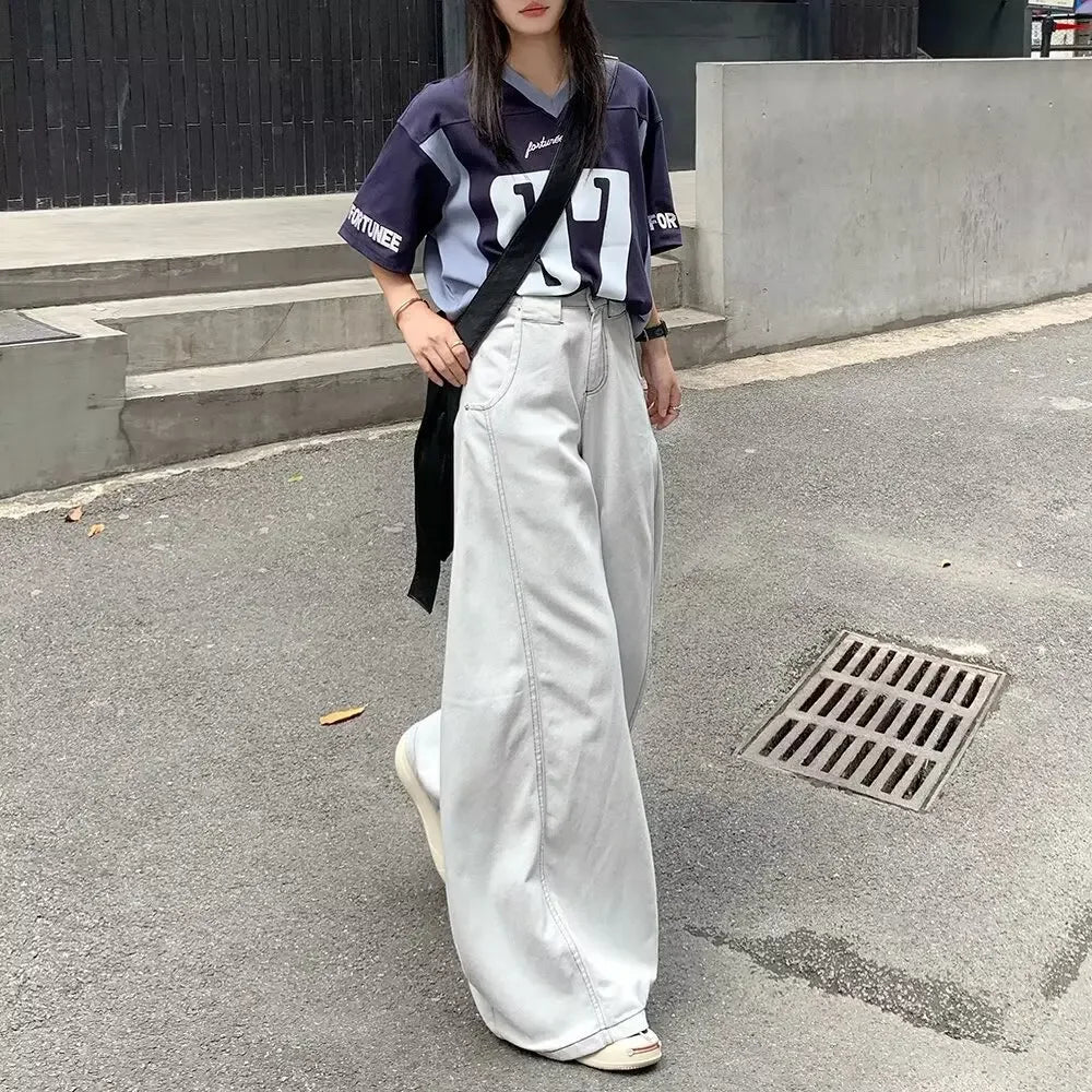 Men's Summer High Waist Straight Leg Jeans Slimming Loose Wide Leg Pants Retro Knife Edge Design Casual Fashion