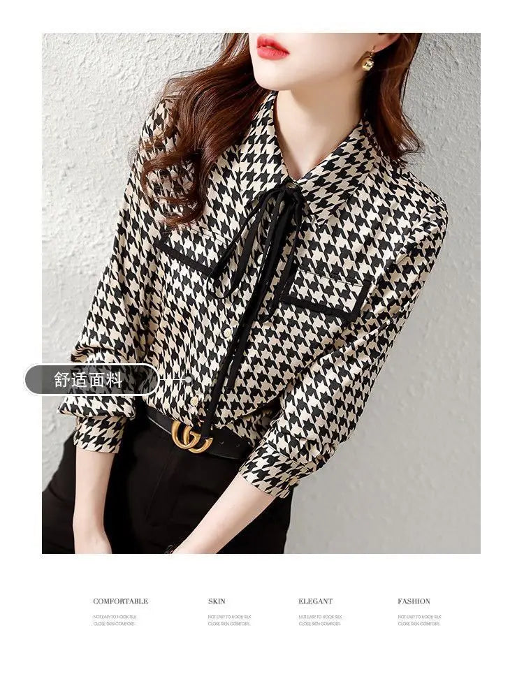 Spring Autumn Elegant Fashion Houndstooth Print Lace Up Shirt Ladies Long Sleeve Temperament All-match Blouse Femme Cardigan Top