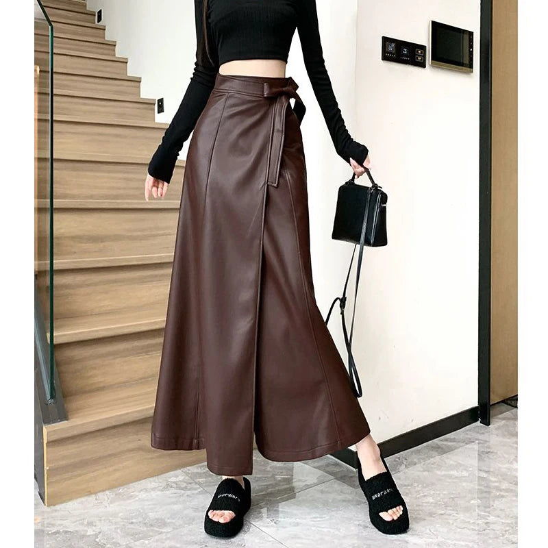 Women Clothing Autumn Winter Vintage Elegant Lace-up PU Leather Long Skirts Female Red High Waist Slim A-line Maxi Skirt Faldas