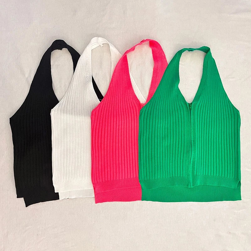 V-neck Camis Women Hotsweet Sexy Halter Crop Tops Zipper Streetwear Pure Sleeveless Chic