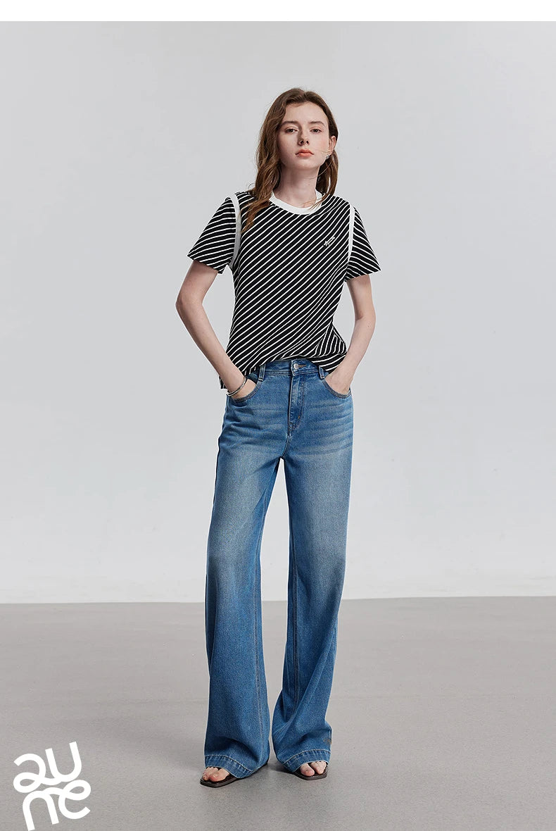 TOYOUTH Women Short Sleeve Striped T shirt 2025 Spring New Tops 8521021