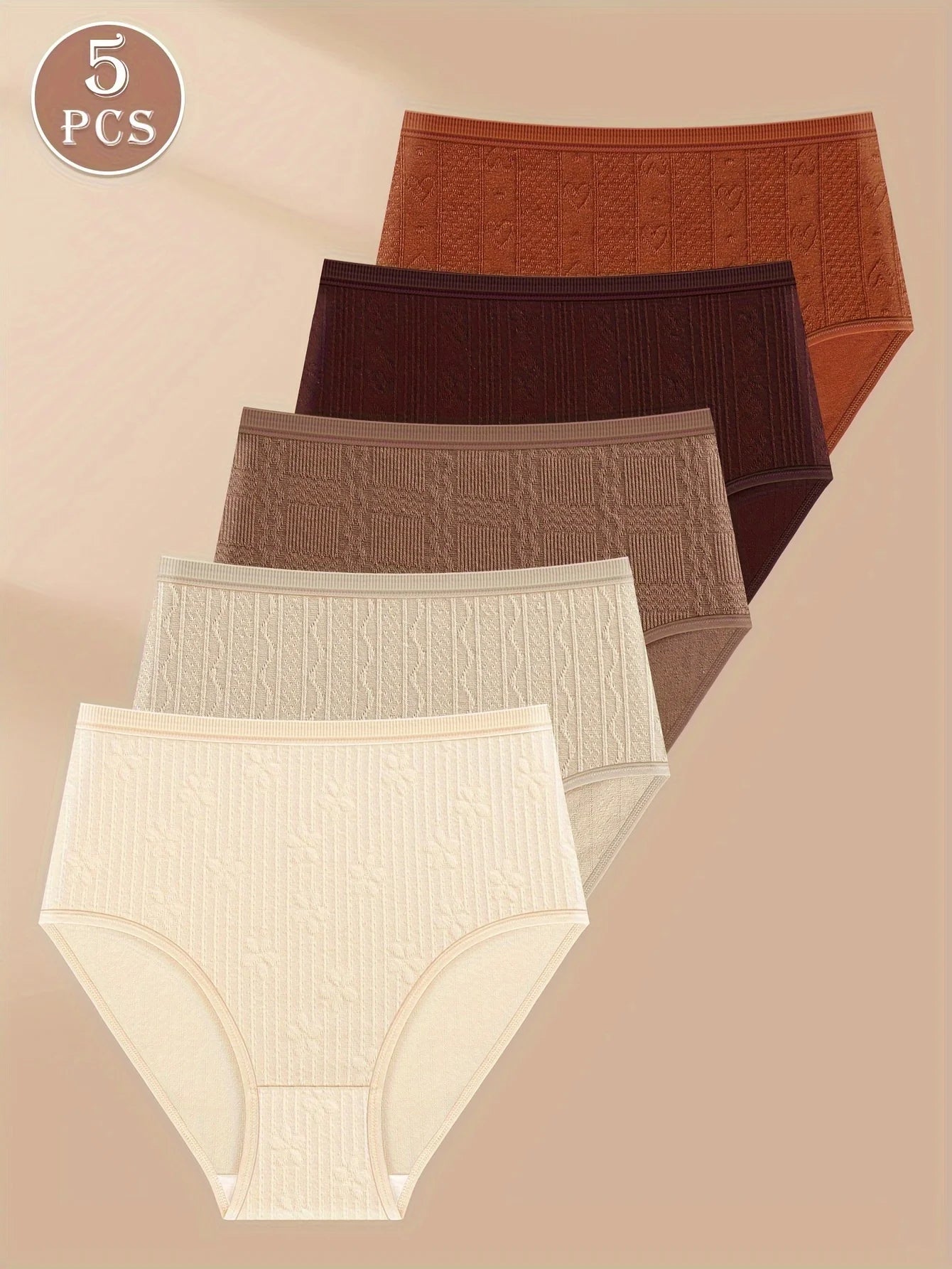 5-Pack of Women's Underwear, High Waist, Tummy Control, Seamless, Heart Pattern, Jacquard, Mid-Waist Briefs, Hip-Covering, Comfo