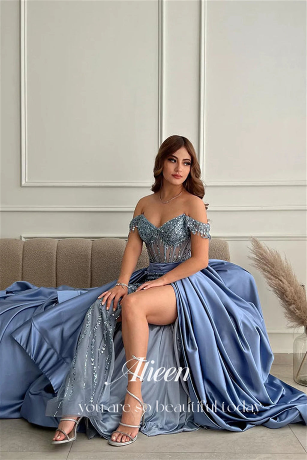 Off the Shoulders Mermaid Gray Blue Beads Dresses for Dancing Parties High Quality Luxury Dress customized Women Elegant Party