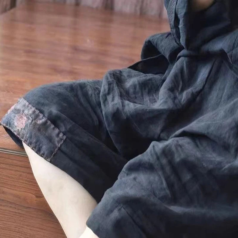 Women Retro Ethnic Style Patch Oversize Cotton Linen Short Pants Summer Female Casual High Waist Beach Shorts Pantalones Cortos