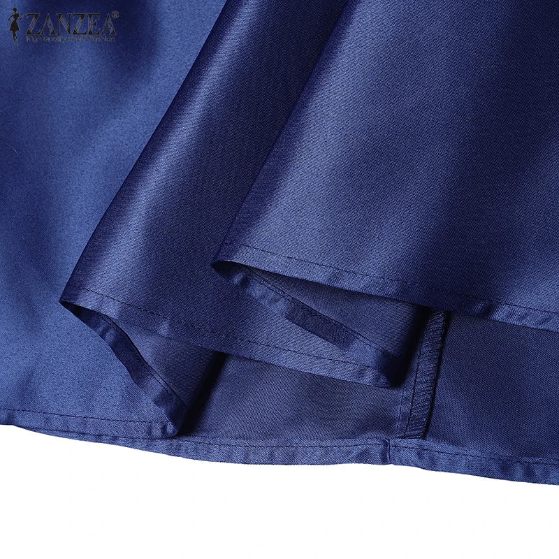 ZANZEA Vintage Solid Color Skirt Women Pleating Swing Jupe Party High Waisted Faldas Casual Loose Satin Silk A-line Overskirts