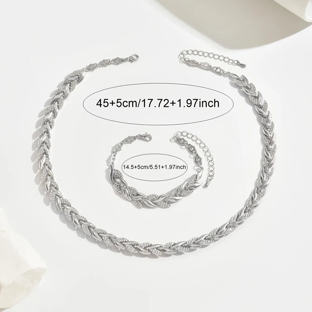 2PCS Elegant Design Glass Rhinestone Chain Fish Tail Necklace with Matching Bracelet for Women Luxury Jewelry Set Fashion Style