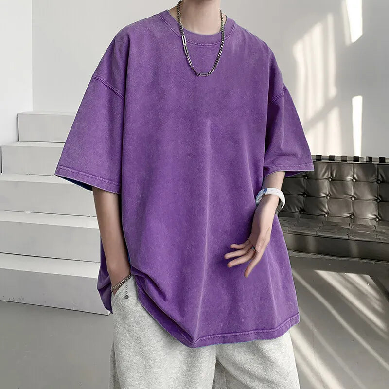 Summer Cotton Short Sleeved T-shirt Men Oversized Retro Washed T Shirt Men Streetwear Hip-hop Loose Round Neck T Shirt Mens Top