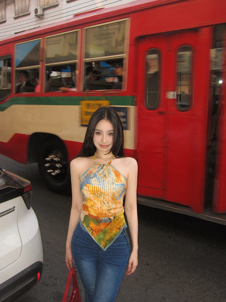 Tonngirls Vintage Tie Dye Tank Tops Women Sleeveless Lace Up Y2k Retro Camis Tops Backless Summer Korean Style Tank Tops 2000s