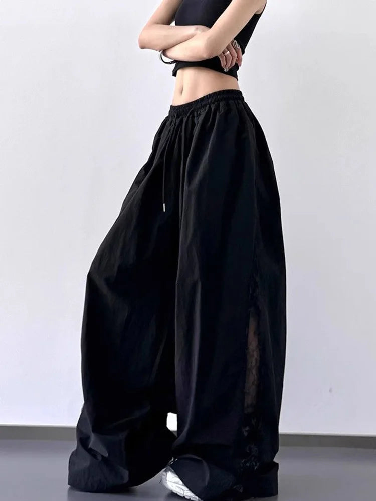 Jmprs Lace Patchwork Wide Leg Pants Women Oversize Streetwear High Waist Vintage Trousers Korean Casual Summer Sweet Retro Pants