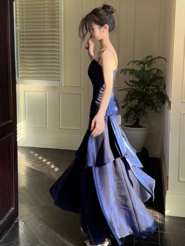 Elegant Romantic Party Women's Spaghetti Strap Dress Female Blue Ruffles Slim Fit Mermaid Dresses Chic Banquet Formal Gown