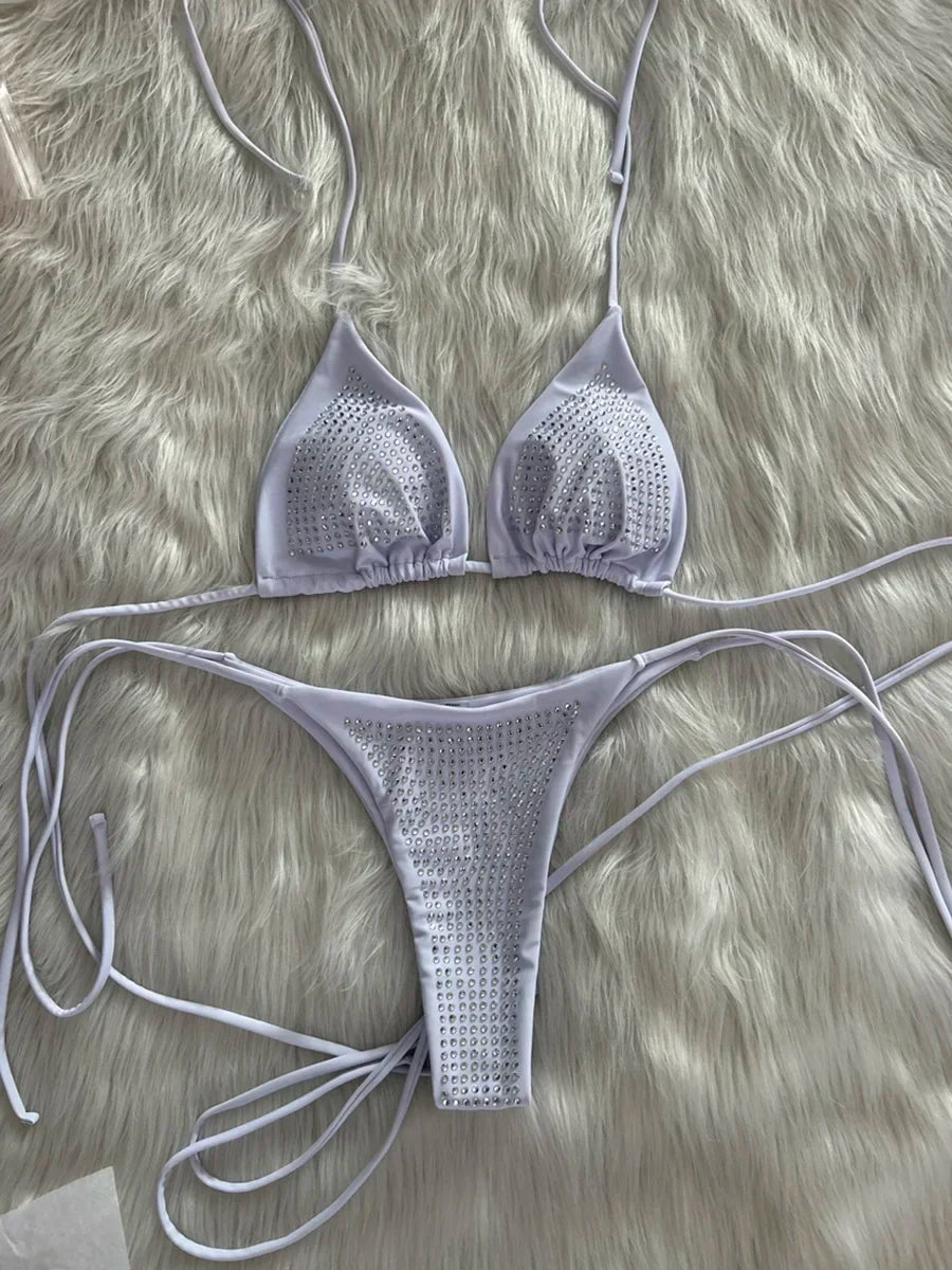 Shiny Sequins Wrap Around Jewelled Bikini Women Swimwear Female Swimsuit Two-pieces Bikini Set Halter Bathing Suit Swim Trend